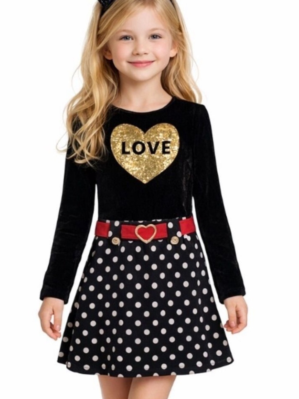 Black Velour and Knit Sparkle Love Heart Dress with Sequins Girls Size 10